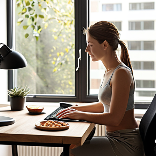 ** A person working comfortably at a well-lit, ergonomic home office setup, possibly with a window view. Emphasis on good posture and natural light.  Could include a healthy snack or drink nearby.

**