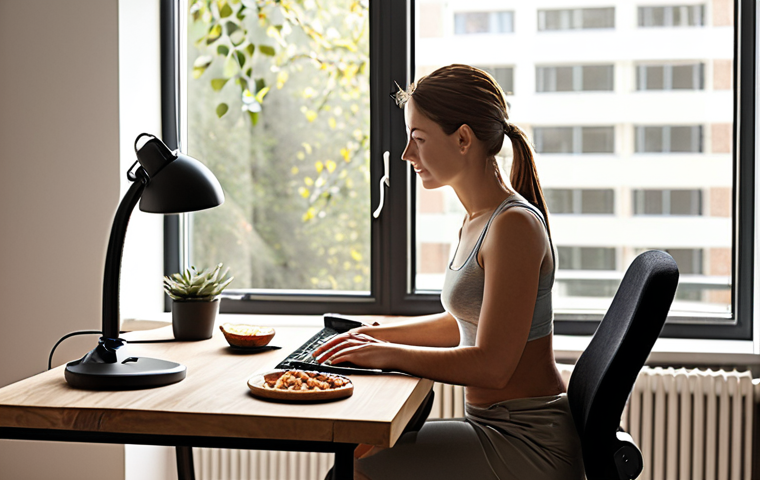 ** A person working comfortably at a well-lit, ergonomic home office setup, possibly with a window view. Emphasis on good posture and natural light. Could include a healthy snack or drink nearby.
**