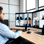 A diverse team of professionals collaborating effectively in a dynamic hybrid work environment. In a modern, brightly lit office space, three colleagues, fully clothed in professional business attire, are engaged in an active video conference around a large, interactive display screen. Clearly visible and participating on the screen is a remote colleague, also professionally dressed. Simultaneously, another team member, fully clothed in modest, appropriate attire, is diligently focused from their well-organized, minimalist home office setup, showing engagement with the virtual meeting. The scene emphasizes seamless connection and shared purpose. safe for work, appropriate content, fully clothed, professional, modest clothing, perfect anatomy, correct proportions, natural pose, well-formed hands, proper finger count, natural body proportions, high quality, professional photography, soft lighting.