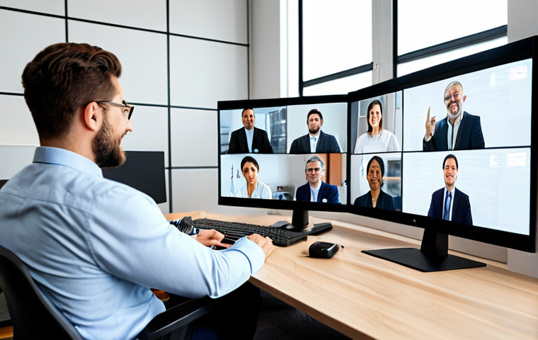 A diverse team of professionals collaborating effectively in a dynamic hybrid work environment. In a modern, brightly lit office space, three colleagues, fully clothed in professional business attire, are engaged in an active video conference around a large, interactive display screen. Clearly visible and participating on the screen is a remote colleague, also professionally dressed. Simultaneously, another team member, fully clothed in modest, appropriate attire, is diligently focused from their well-organized, minimalist home office setup, showing engagement with the virtual meeting. The scene emphasizes seamless connection and shared purpose. safe for work, appropriate content, fully clothed, professional, modest clothing, perfect anatomy, correct proportions, natural pose, well-formed hands, proper finger count, natural body proportions, high quality, professional photography, soft lighting.