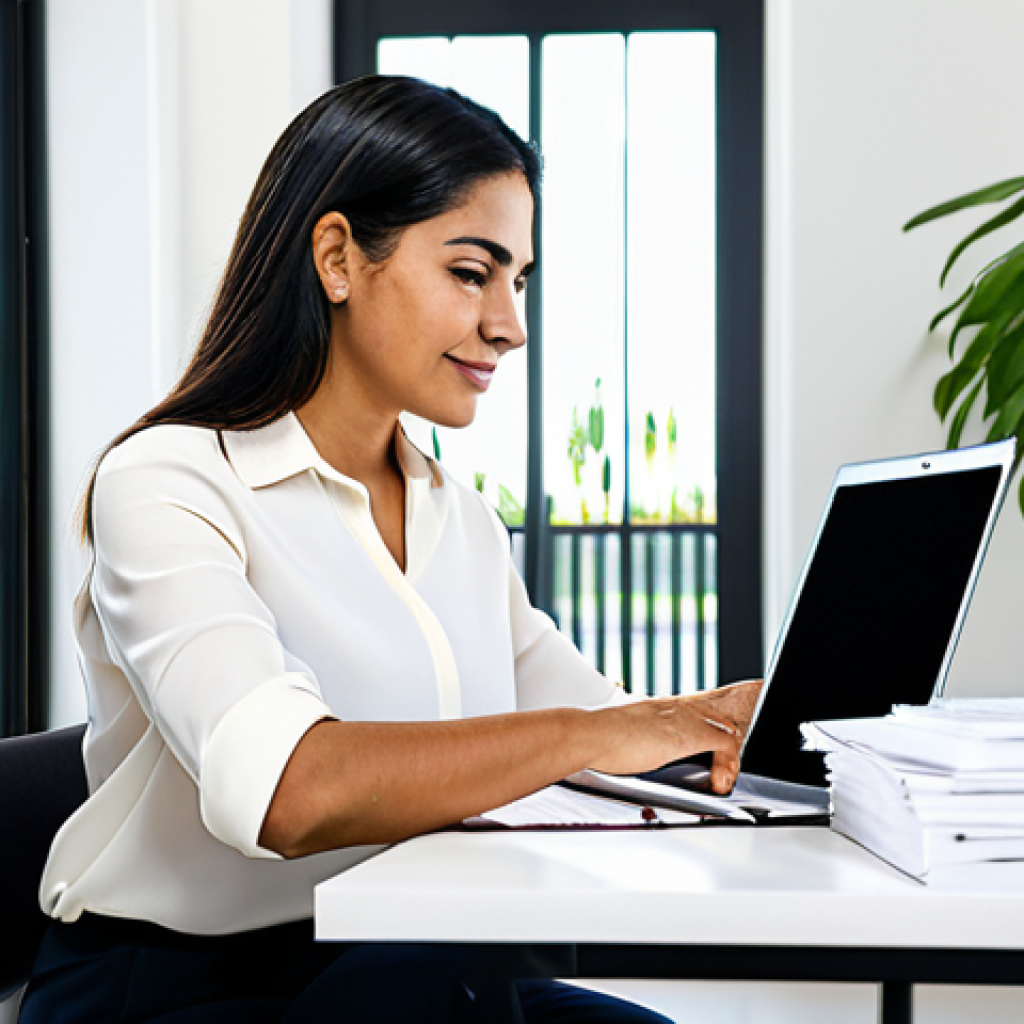 하이브리드 워크의 도입을 위한 경영진 설득법 - Productive Home Office**
"A Hispanic businesswoman working on a laptop in a bright, modern home off...