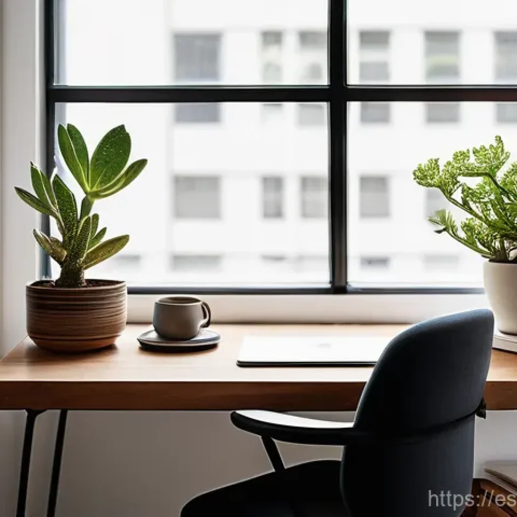 하이브리드 근무의 직원 복지 정책 - **Prompt:** A serene and impeccably organized home office space bathed in soft, natural light filter...