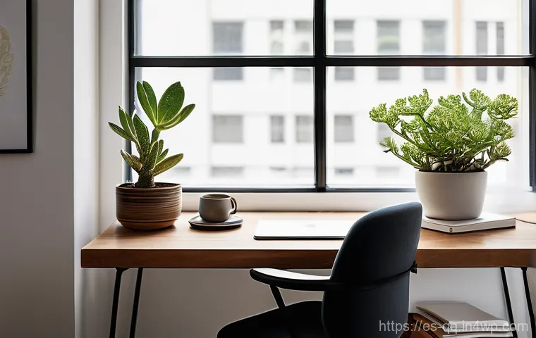 하이브리드 근무의 직원 복지 정책 - **Prompt:** A serene and impeccably organized home office space bathed in soft, natural light filter...