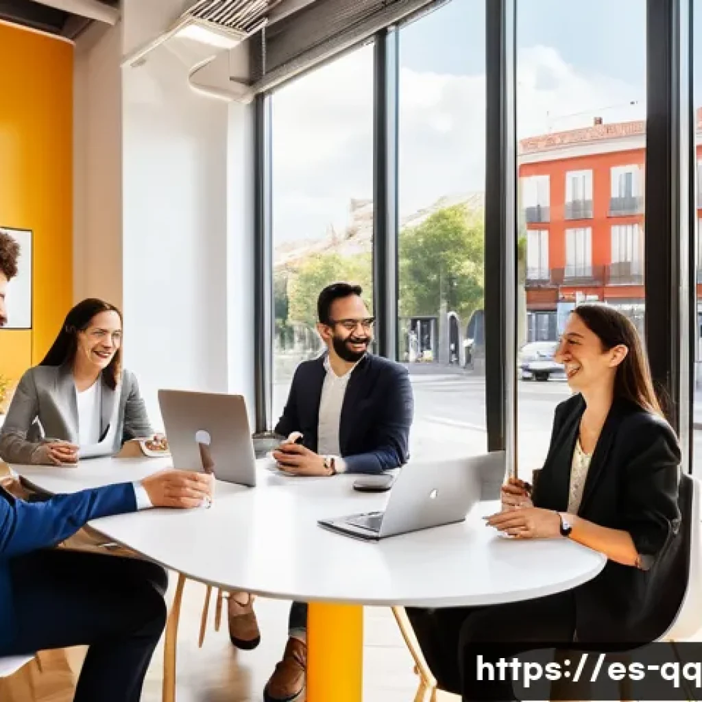 하이브리드 워크의 변화가 기업에 미치는 영향 - **Prompt:** A vibrant, sunlit modern office space in Madrid, Spain, seamlessly blending physical and...