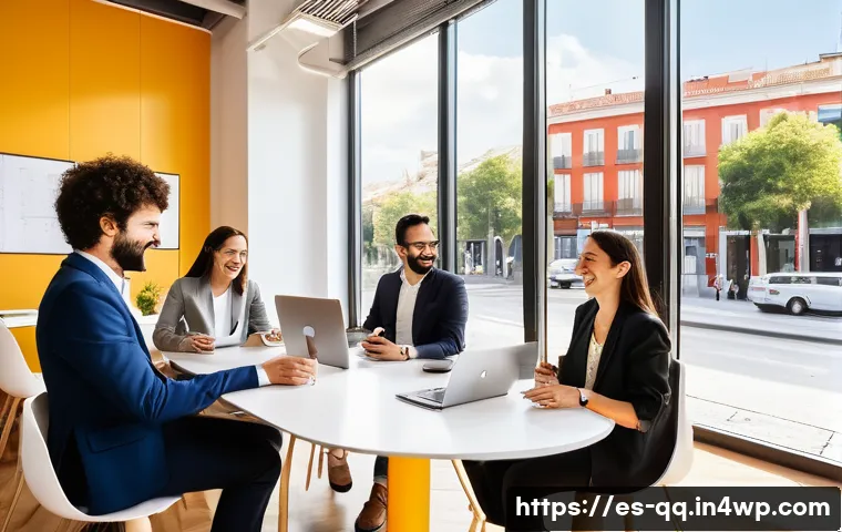 하이브리드 워크의 변화가 기업에 미치는 영향 - **Prompt:** A vibrant, sunlit modern office space in Madrid, Spain, seamlessly blending physical and...