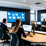 하이브리드 워크의 고객 서비스 전략 - A modern customer service center in a Spanish-speaking urban setting, featuring a diverse team of pr...