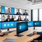 하이브리드 근무를 위한 기술 플랫폼 비교 - A modern hybrid office environment showcasing a diverse team of professionals engaged in a video con...