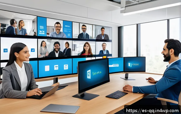 하이브리드 근무를 위한 기술 플랫폼 비교 - A modern hybrid office environment showcasing a diverse team of professionals engaged in a video con...