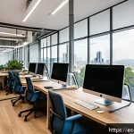 하이브리드 워크에서의 업무의 미래 - A modern hybrid work office space in Mexico City, featuring open-plan design with large windows show...