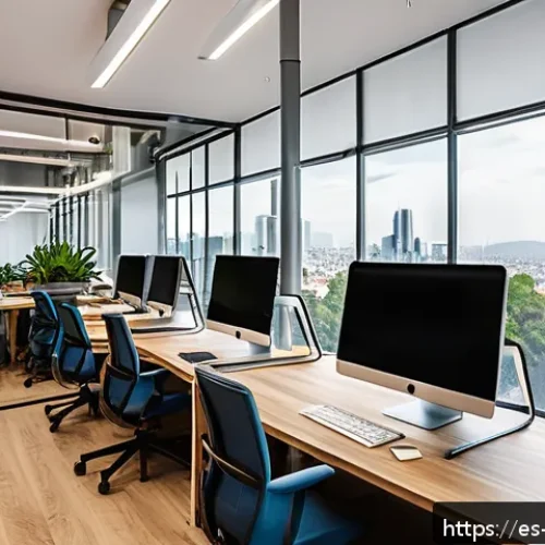 하이브리드 워크에서의 업무의 미래 - A modern hybrid work office space in Mexico City, featuring open-plan design with large windows show...