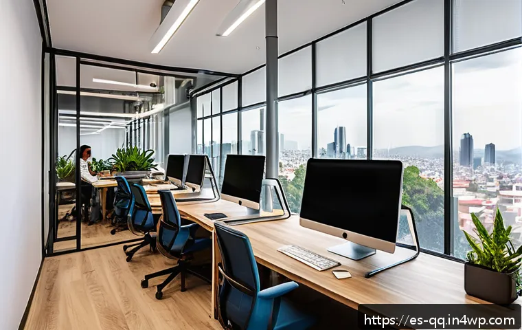 하이브리드 워크에서의 업무의 미래 - A modern hybrid work office space in Mexico City, featuring open-plan design with large windows show...