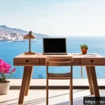 하이브리드 근무의 성과 개선을 위한 체크리스트 - A modern, bright home office setup in a Spanish apartment, featuring a minimalist wooden desk with a...