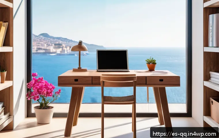 하이브리드 근무의 성과 개선을 위한 체크리스트 - A modern, bright home office setup in a Spanish apartment, featuring a minimalist wooden desk with a...