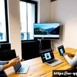 하이브리드 근무에서의 신뢰 구축 방법 - Photorealistic hybrid team meeting in a bright contemporary coworking office in Madrid, diverse Span...