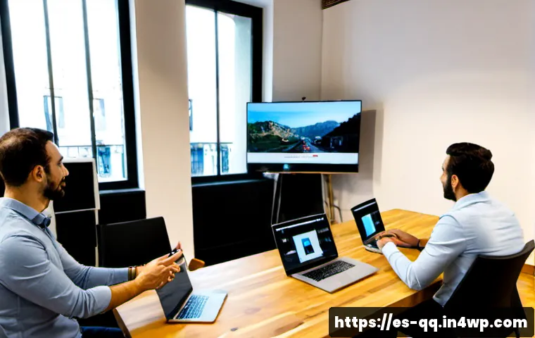 하이브리드 근무에서의 신뢰 구축 방법 - Photorealistic hybrid team meeting in a bright contemporary coworking office in Madrid, diverse Span...