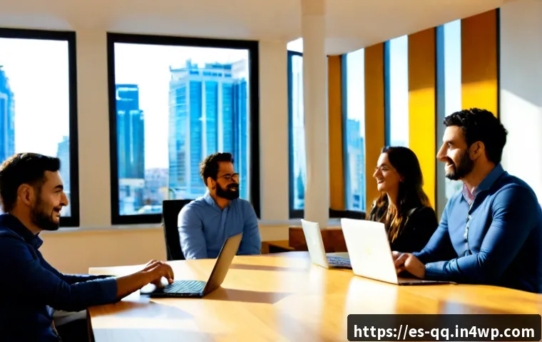 하이브리드 근무에서의 인재 유치 전략 - Photorealistic wide-angle scene of a welcoming hybrid-work recruitment meeting in a modern Madrid of...